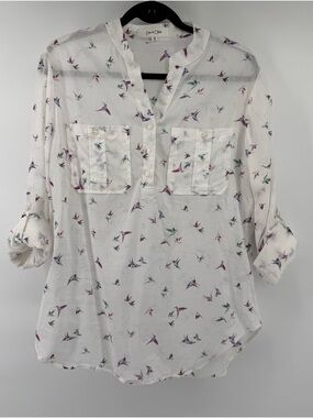 Eden & Olivia White Bird-Print Split-Neck Blouse